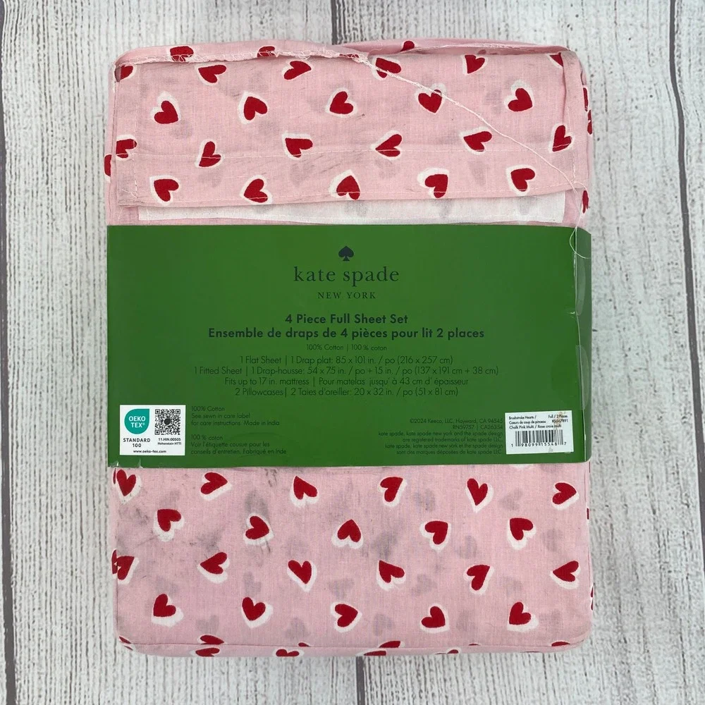 Kate Spade Sheet Set FULL Pink Red Brushstroke Hearts 100% Cotton Valentines